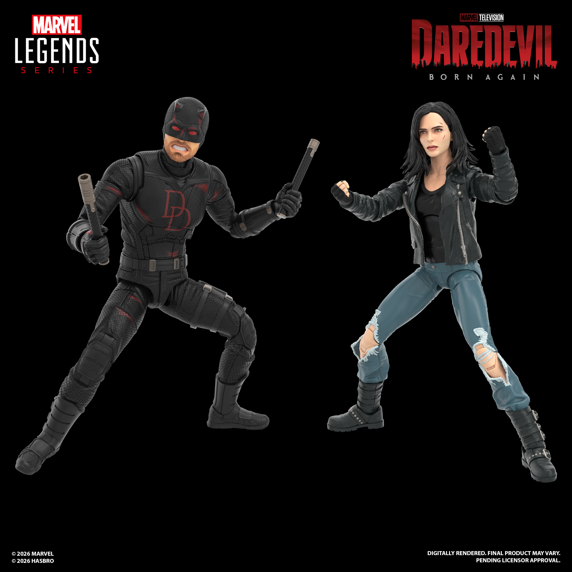 Marvel Legends Jessica Jones and Daredevil against a dark background, with multiple logos visible in frame