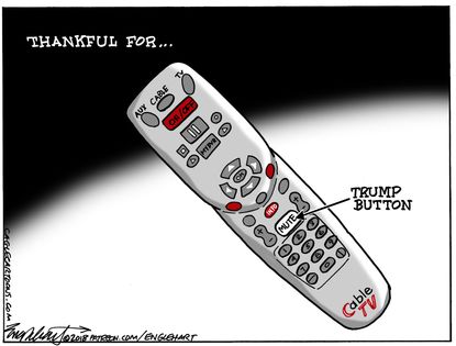 Political cartoon U.S. Trump mute button thankful cable TV Thanksgiving