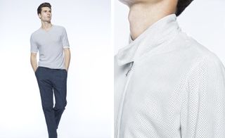 Male models wearing the Kilgour Spring / Summer 2016 collection. On the left the model is wearing a light grey shirt with dark smart pants and on the right the model is wearing a long sleeve light grey sports jacket