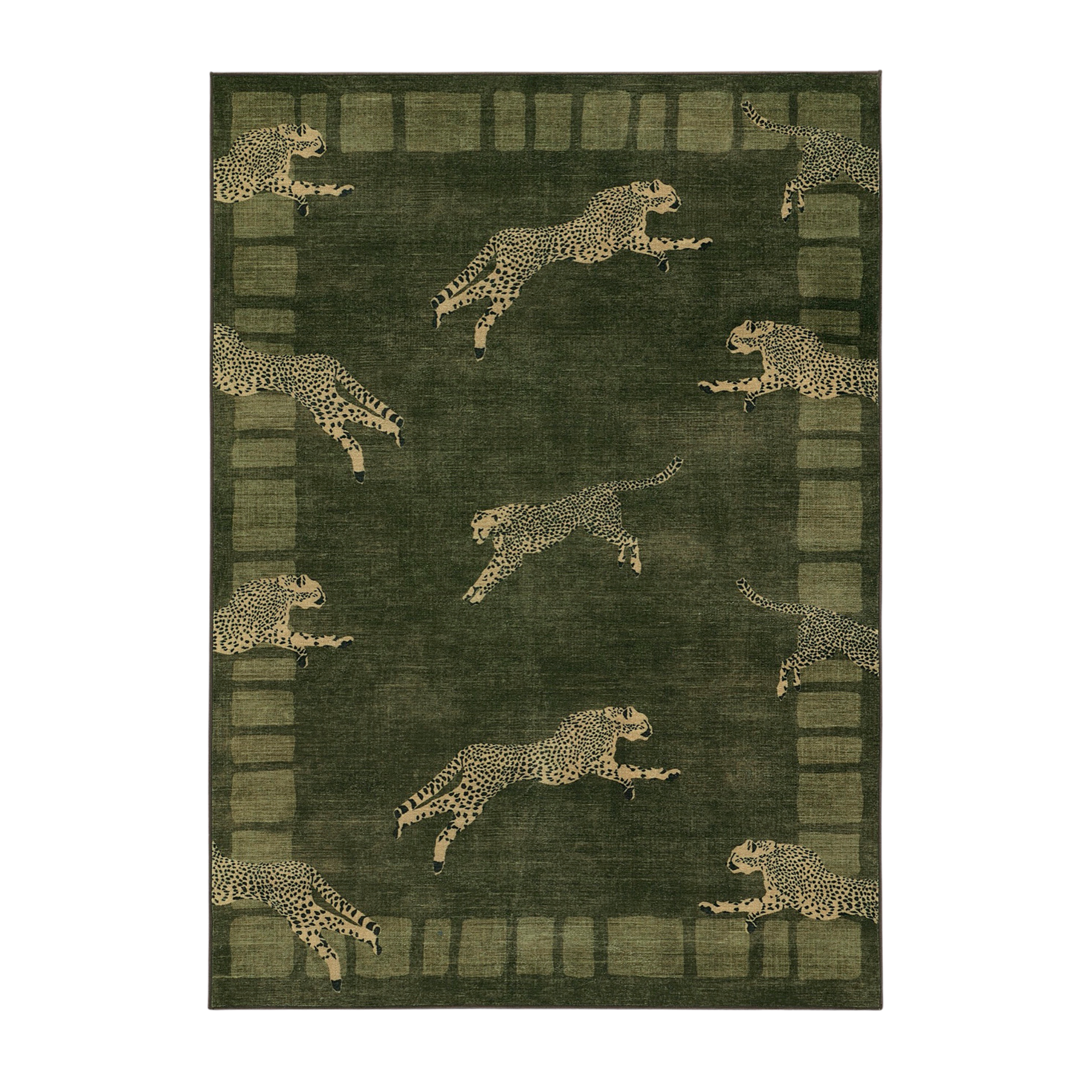 a green rug with leaping cheetahs