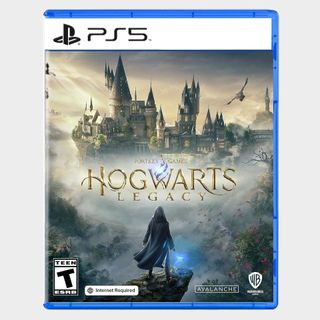 Hogwarts Legacy PS5 box on a plain background