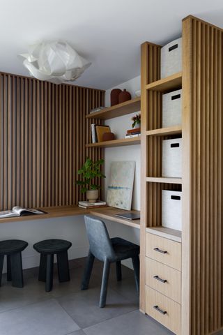 Home office with modern wooden wall panelling