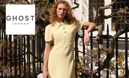Ghost London logo placed over a woman posing in a yellow dress