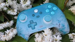 A blue and white controller with floral pattern