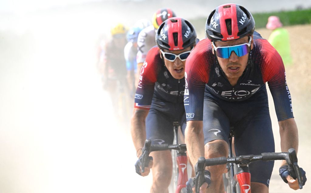 Ineos Grenadiers teams British rider Geraint Thomas L and Ineos Grenadiers teams Dutch rider Dylan Van Baarle R cycle across a cobblestone sector in the final kilometers of the 5th stage of the 109th edition of the Tour de France cycling race 1537 km between Lille and Arenberg Porte du Hainaut in northern France on July 6 2022 Photo by Bernard PAPON POOL AFP Photo by BERNARD PAPONPOOLAFP via Getty Images