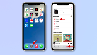 The first screenshot shows the iPhone home page with a red arrow pointing at the Settings app. The second screenshot shows the Apple Music app with red arrows pointing at the Library icon and at Playlists.