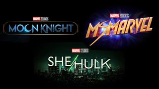 Promo logos for Moon Knight, Ms. Marvel and She-Hulk on a black background