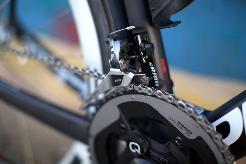 The SRAM Red 22 front derailleur on Pate's bike.