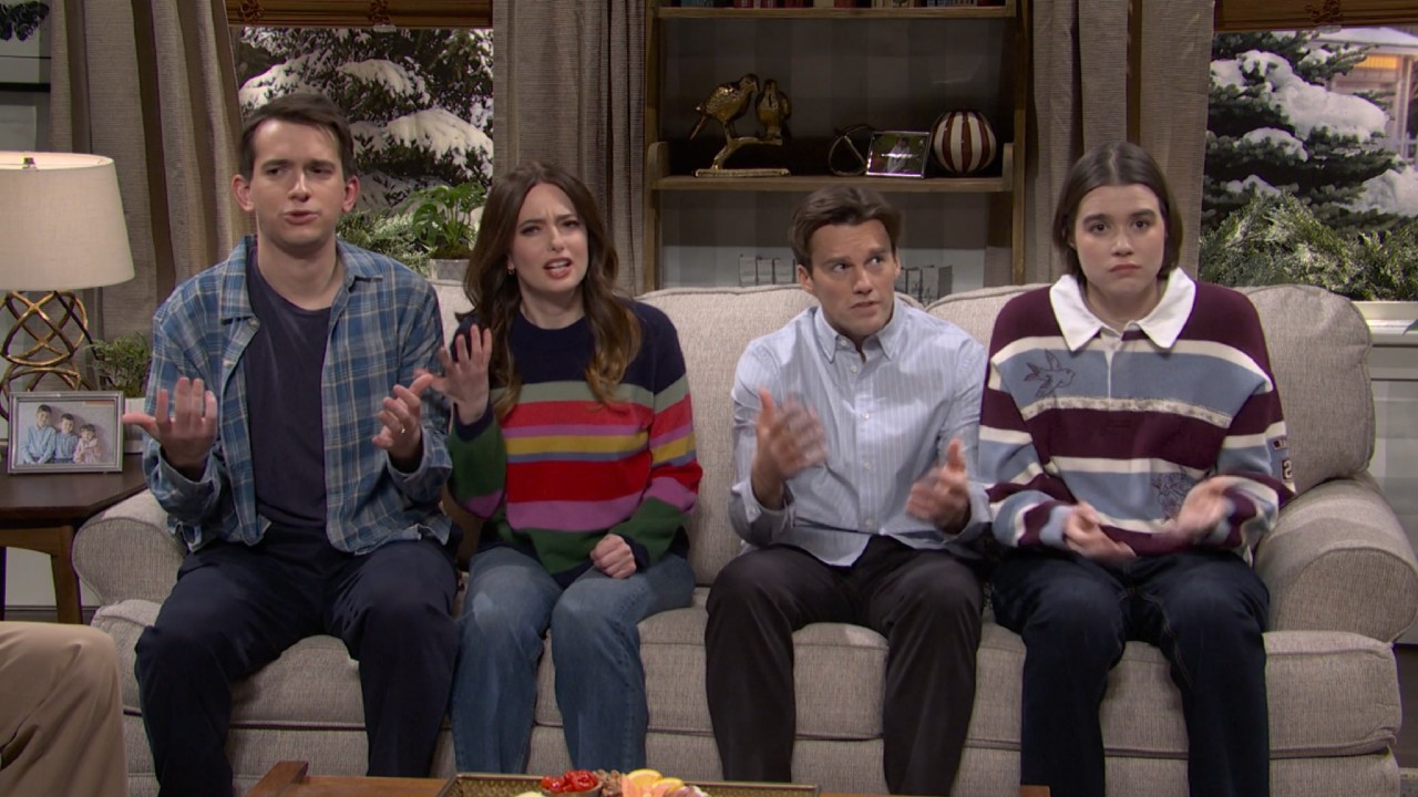Andrew Dismukes, Sarah Sherman, Tommy Brennan, and Jane Wickline in the "Mom Confession" sketch on SNL.