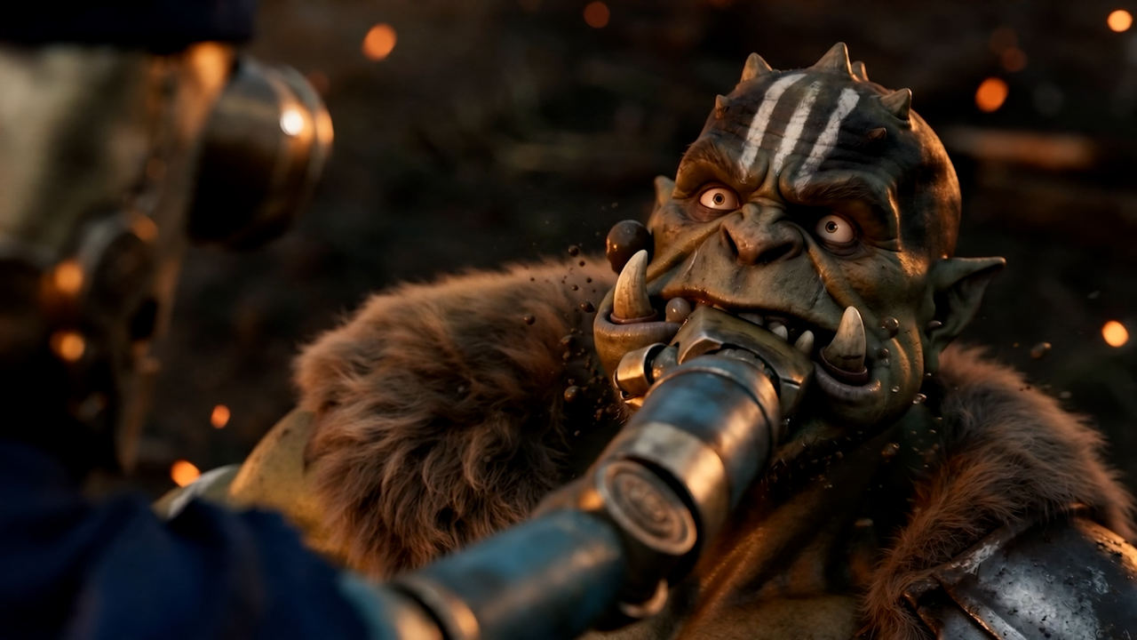 Renders of a robot fighting orcs