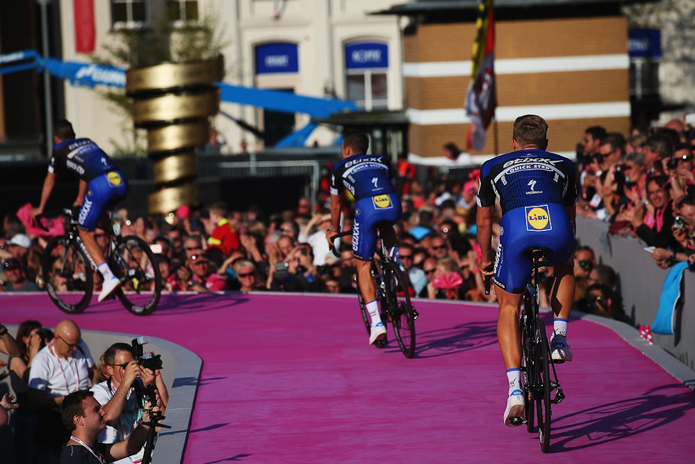 Etixx-QuickStep riders on the platform leading to the main stage in Apeldoorn.