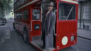 Gabriel Book (Mark Gatiss) riding an old-fashioned London bus in Bookish season 1