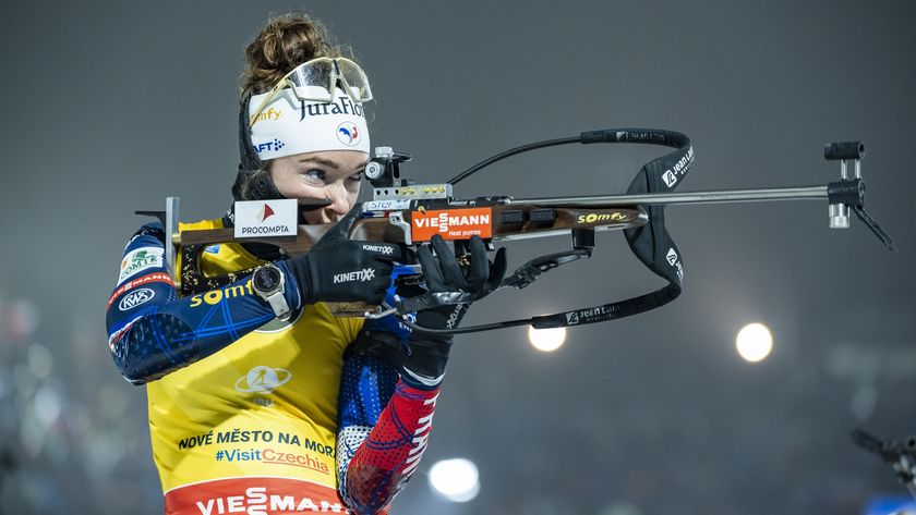 Lou Jeanmonnot of France at the shooting range during a Biathlon event.