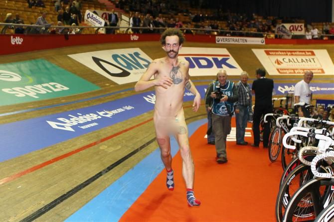 One of the streakers sprints to the line
