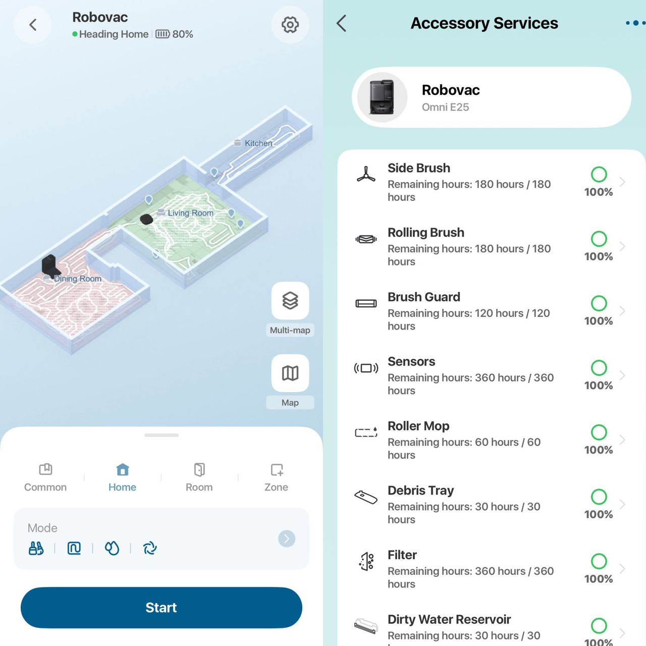 screenshots of the Eufy Robot Vacuum Omni E25 app