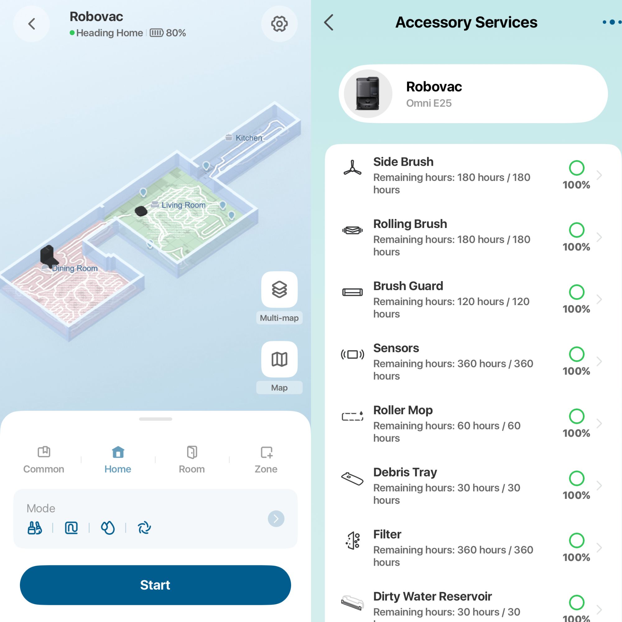 screenshots of the Eufy Robot Vacuum Omni E25 app