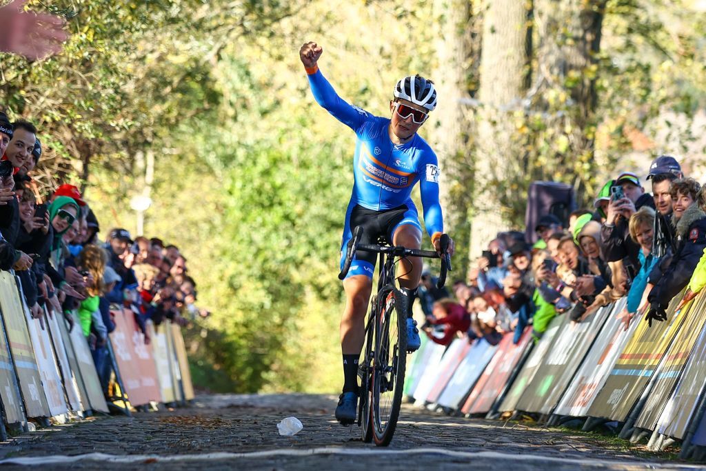 US Andrew August celebrates as he crosses the finish line to win the junior mens race during the Koppenbergcross the first race out of eight of the X2O Badkamers trophy in Melden on Tuesday 01 November 2022 BELGA PHOTO DAVID PINTENS Photo by DAVID PINTENS BELGA MAG Belga via AFP Photo by DAVID PINTENSBELGA MAGAFP via Getty Images