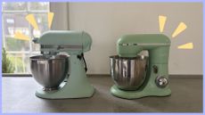 The Salter British Bakes Green Stand Mixer next to the KitchenAid 4.7L Stand Mixer in Spearmint on the counter