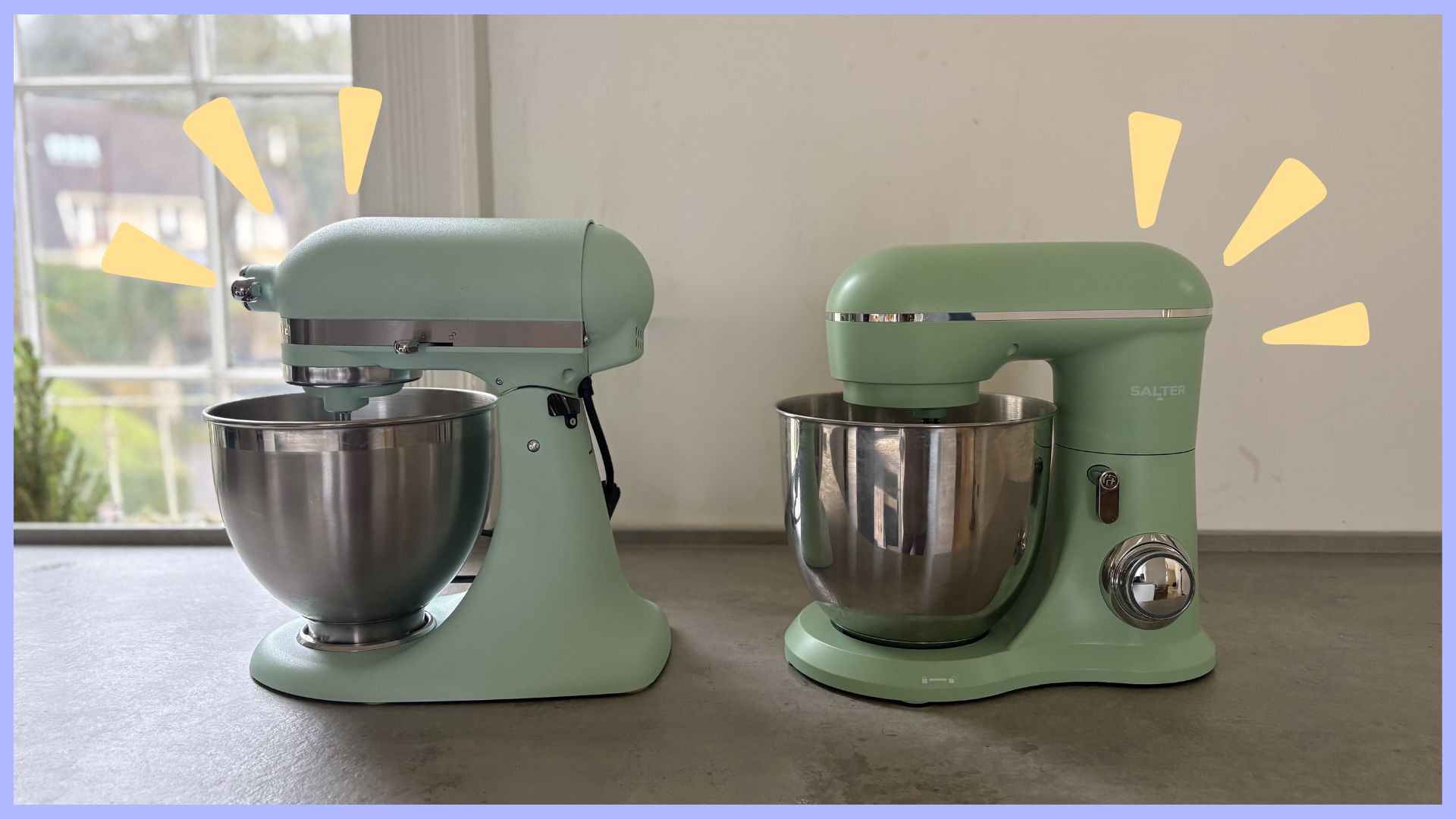 The Salter British Bakes Green Stand Mixer next to the KitchenAid 4.7L Stand Mixer in Spearmint on the counter