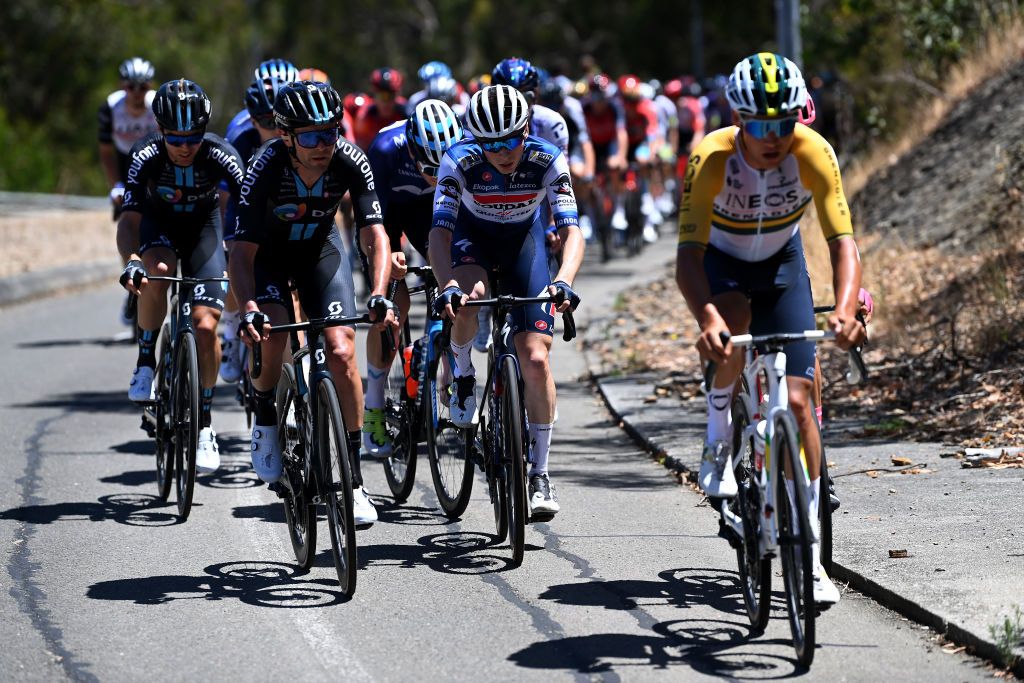 MOUNT LOFTY AUSTRALIA JANUARY 22 LR Romain Combaud of France and Team DSM and Stan Van Tricht of Belgium and Team Soudal QuickStep competeduring the 23rd Santos Tour Down Under 2023 Stage 5 a 1125km stage from Unley to Mount Lofty 727m TourDownUnder WorldTour on January 22 2023 in Mount Lofty Australia Photo by Tim de WaeleGetty Images