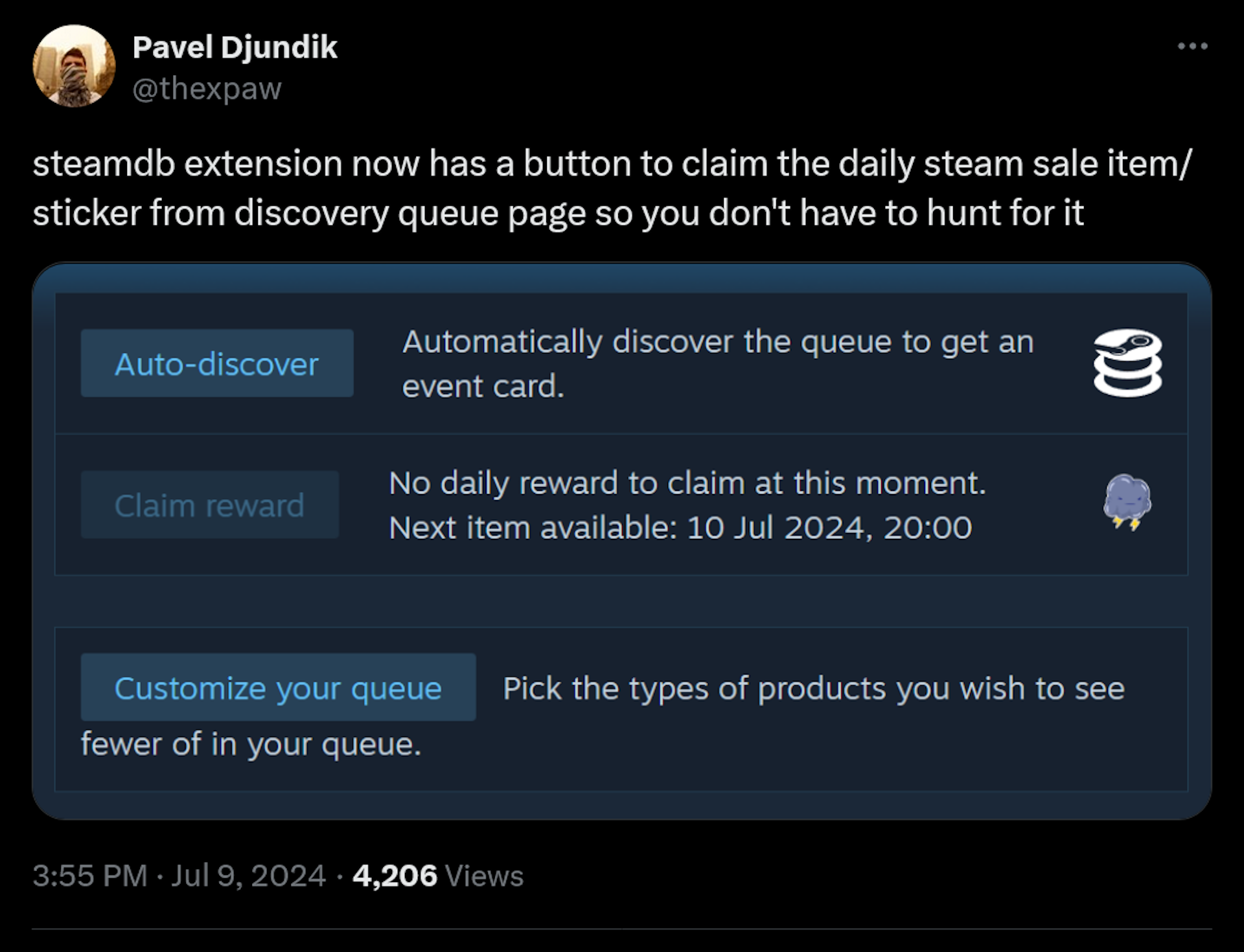 steamdb extension now has a button to claim the daily steam sale item/sticker from discovery queue page so you don't have to hunt for it