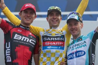 The 2012 USA Pro Challenge final podium (L-R): Tejay van Garderen (BMC), Christian Vande Velde (Garmin-Sharp) and Levi Leipheimer (Omega Pharma-Quickstep)