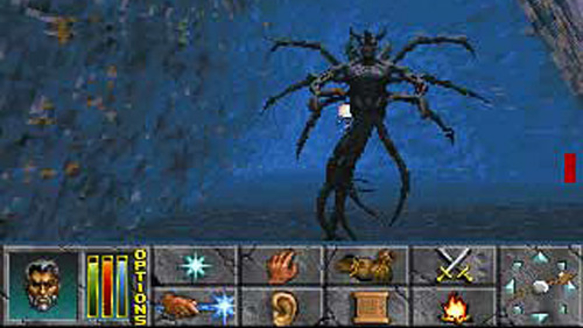 The Elder Scrolls 2: Daggerfall screenshot showing a spiderlike monster approaching the player