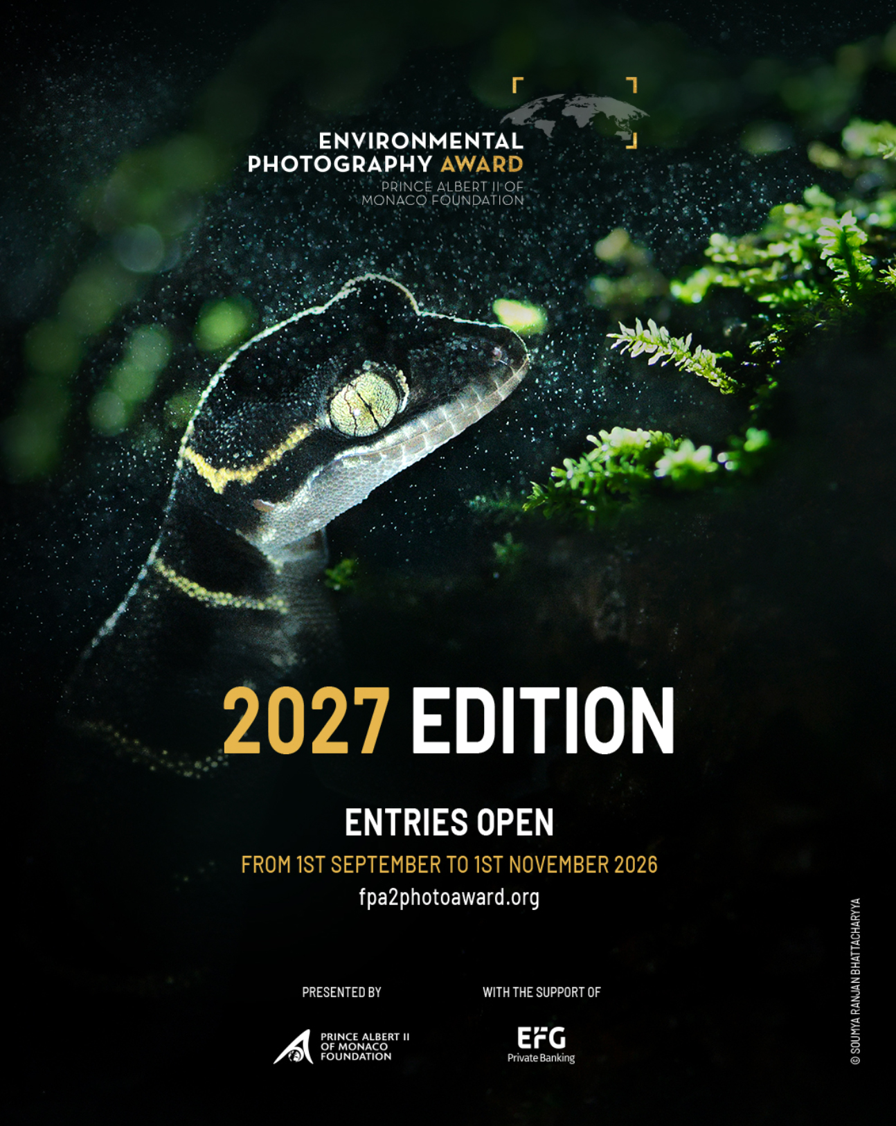 Poster for the 2027 Environmental Photography Award featuring a crocodile underwater; entries open September 1&amp;ndash;November 1, 2026