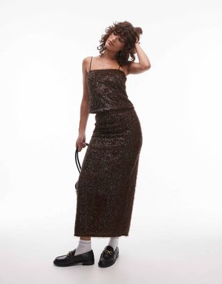 Topshop Tinsel Midi Skirt in Brown