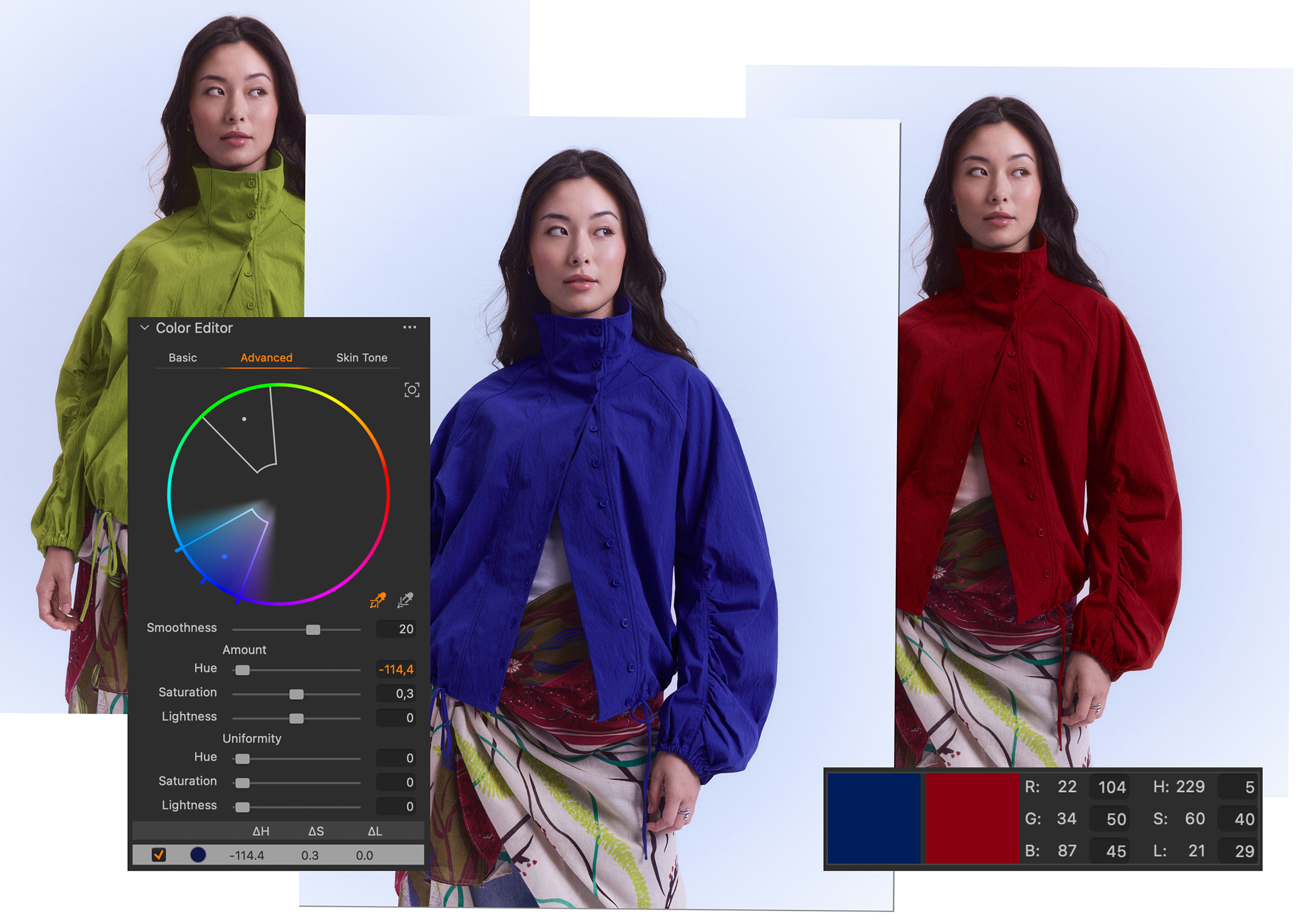 Capture One: a woman with a pullover standing in a photo studio with neutral background, left her pullover is colored green, middle it's blue and right its red. A color wheel in the middle