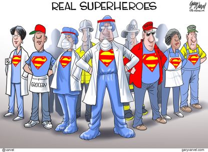 Editorial Cartoon U.S. Superman doctors grocers custodians cooks