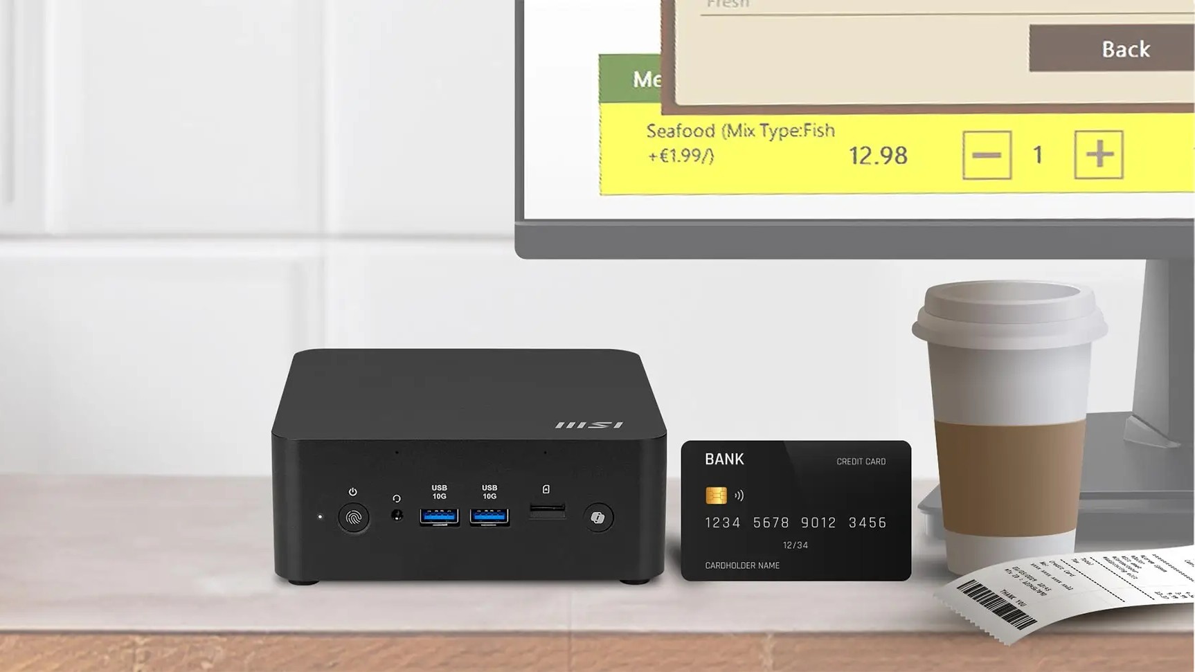 MSI Cubi NUC AI+ 2MG next to a credit card and coffee cup to show scale