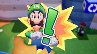 Luigi activates Luigi Logic in Mario & Luigi: Brothership, taking up most of the screen with a big green exclamation mark
