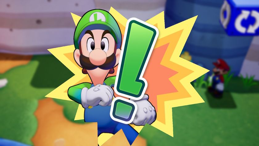 Luigi activates Luigi Logic in Mario &amp; Luigi: Brothership, taking up most of the screen with a big green exclamation mark