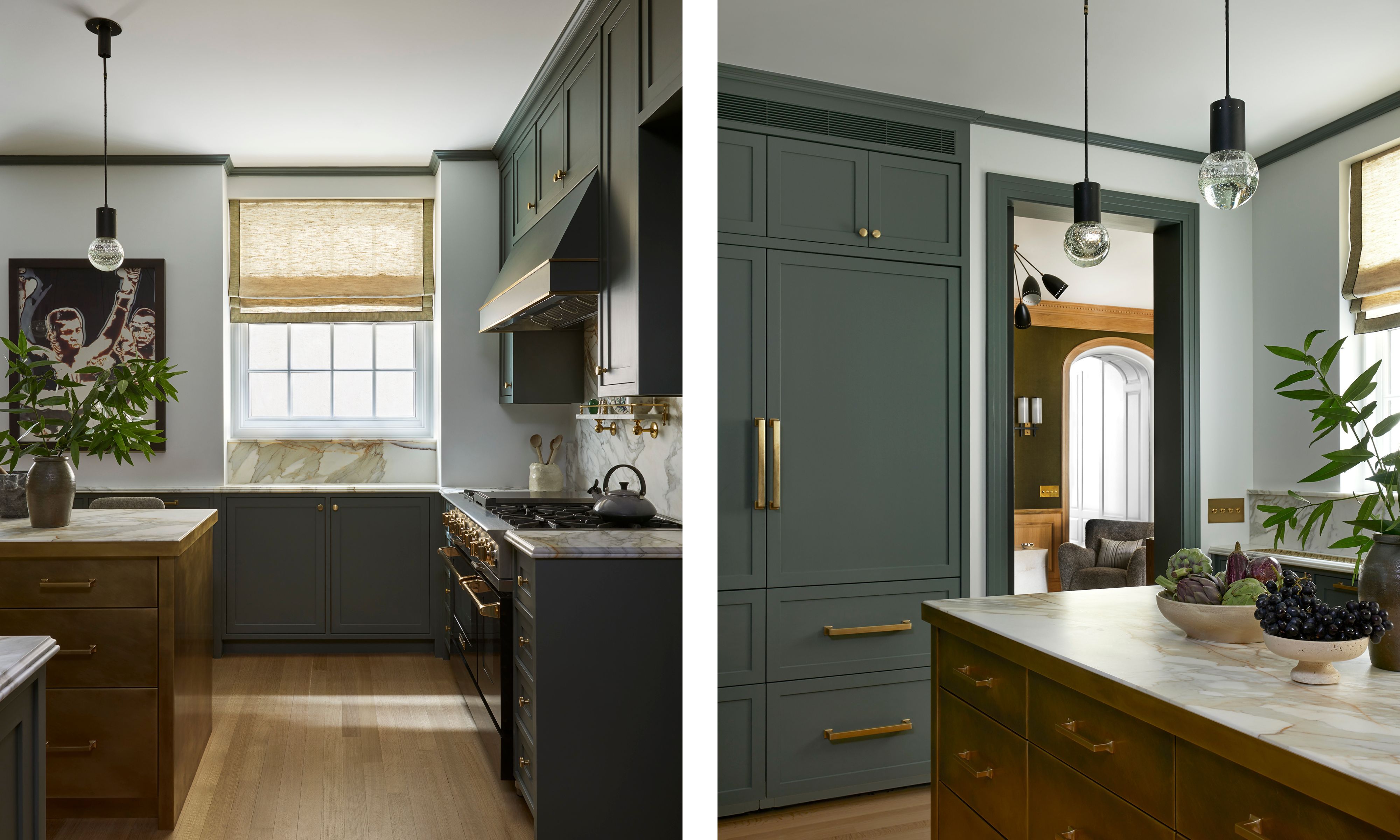 A NYC kitchen with brass detailing and green cabinetry