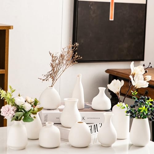 Kendiis Ceramic Bud Vases, White Mini Vase Set of 11, Small Pottery Vases for Flowers Mini Ceramic Vases for Pampas Grass Vase Bulk for Wedding Table Centerpieces Decoration Boho Home Decor Diy Gift