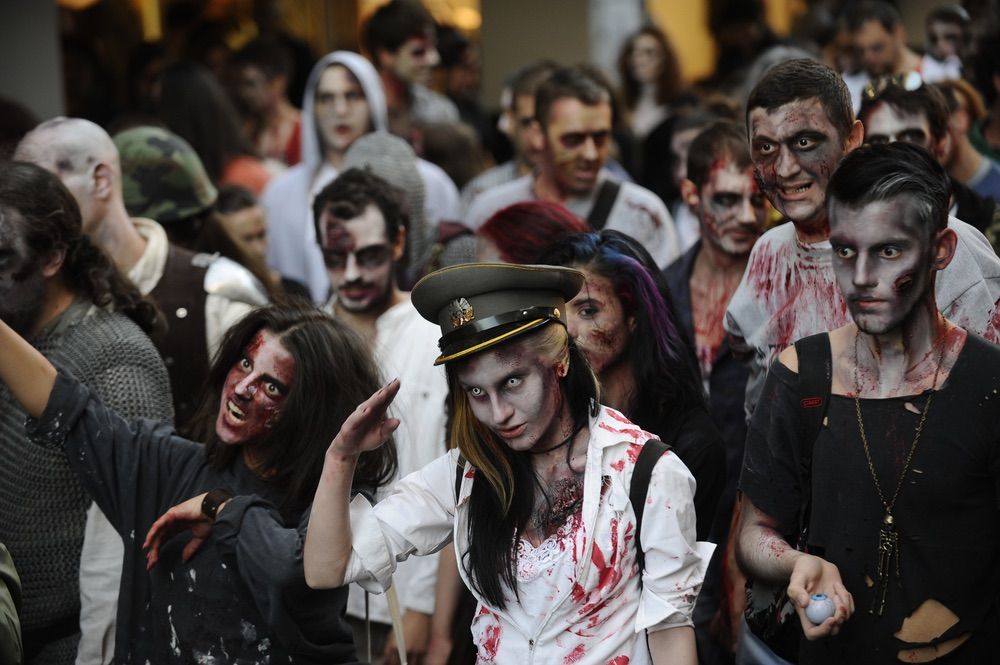 People dressed as a zombie parades on a street during a zombie walk in Belgrade, The zombie walk is part of the events of a upcoming Serbian SF movie festival.