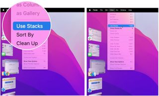 To turn on Stacks on Mac, click View in the Menu bar of your Mac when on your desktop with no apps in the foreground. Click Use Stacks.