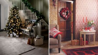 Compilation image showing how to style a hallway for Christmas