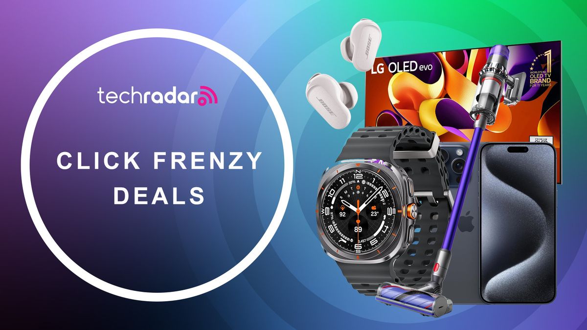 Assortment of tech on a purple, green and blue gradient background with &quot;Click Frenzy Deals&quot; text in white and the TechRadar logo.