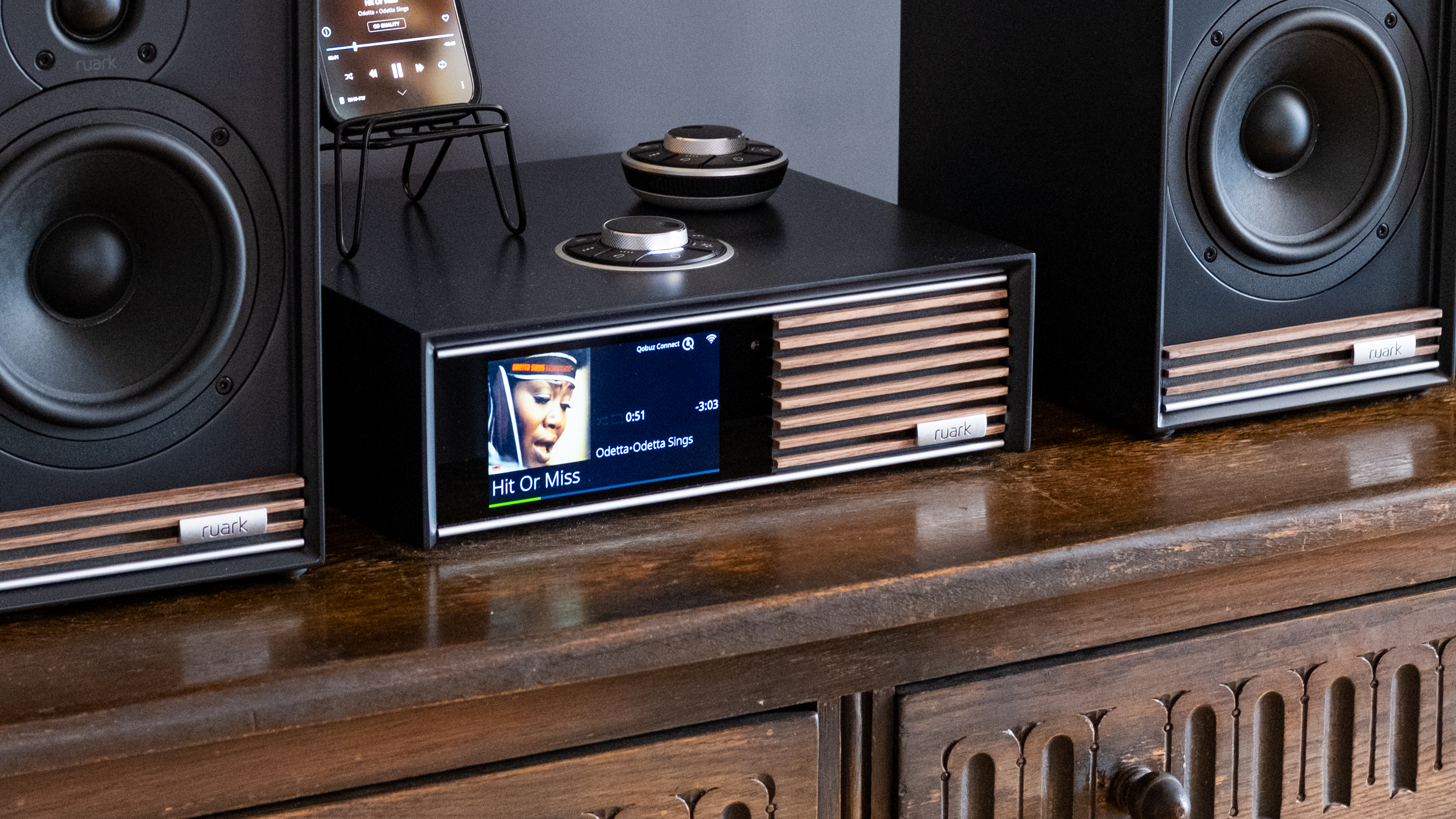 The Ruark Audio Sabre-R bookshelf speakers in charcoal