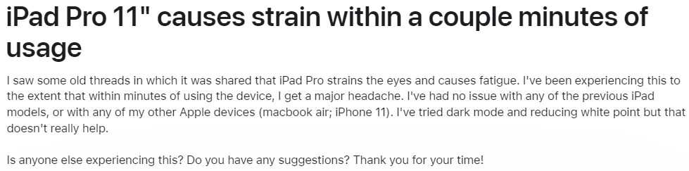 Apple Community comments from users affected by PWM-dimmed displays