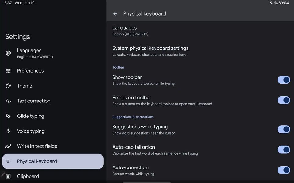 Users can find toggleable settings for Gboard's new physical keyboard update.
