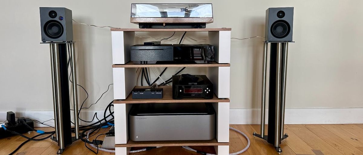 Gadhouse Duke &amp; Roy turntable and wireless powered speaker stereo system on a wooden floor