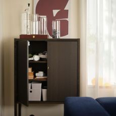 Wooden cabinet with boxes in and a tray on top