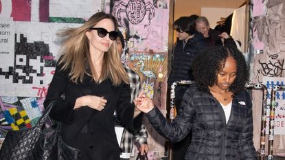 Angelina Jolie and Zahara Jolie-Pitt are seen leaving Atelier Jolie on December 27, 2023 in New York, New York.