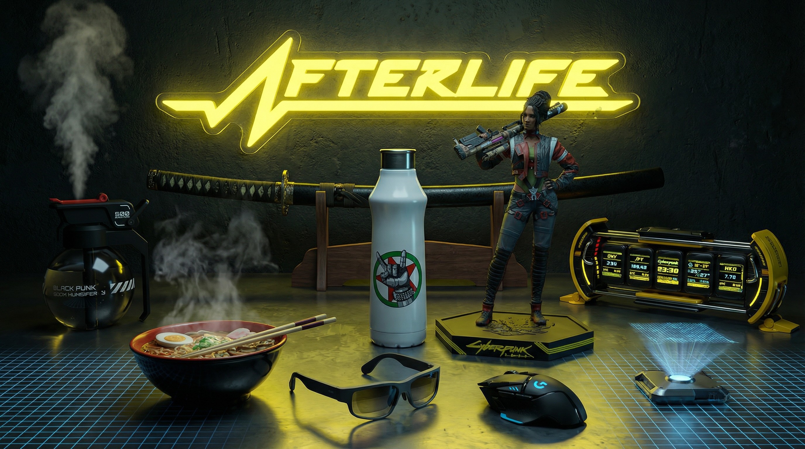 A selection of Cyber themed home office gear on a desk