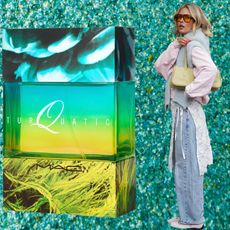 A woman wearing jeans, a shirt, and a lace dress with a yellow bag over her shoulder. She is standing next to a bottle of perfume and all images are against a sparkling green backdrop. 