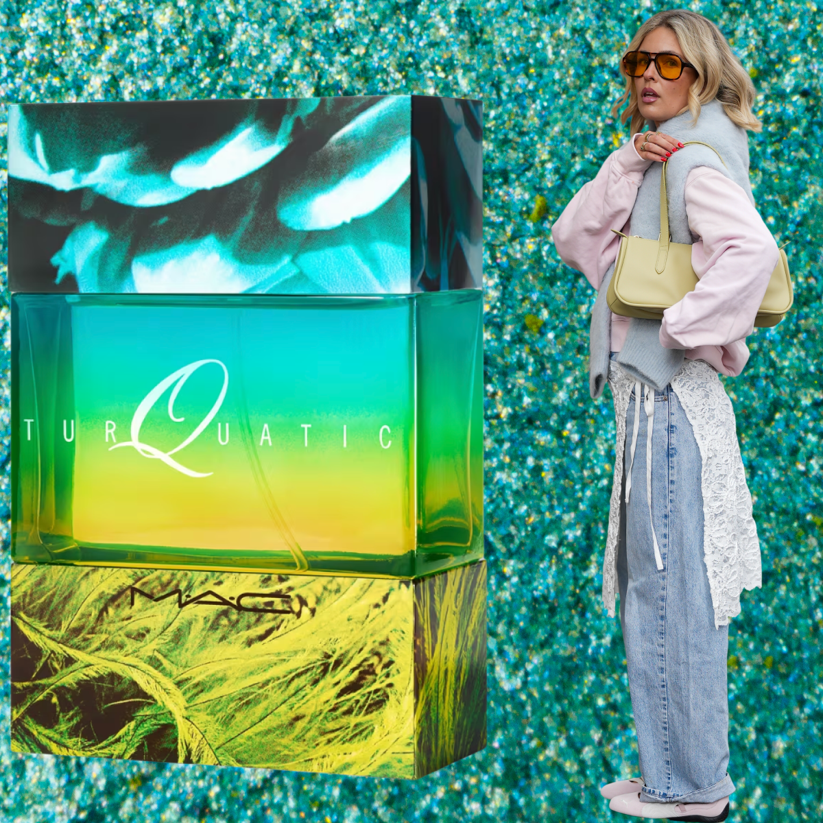 A woman wearing jeans, a shirt, and a lace dress with a yellow bag over her shoulder. She is standing next to a bottle of perfume and all images are against a sparkling green backdrop. 