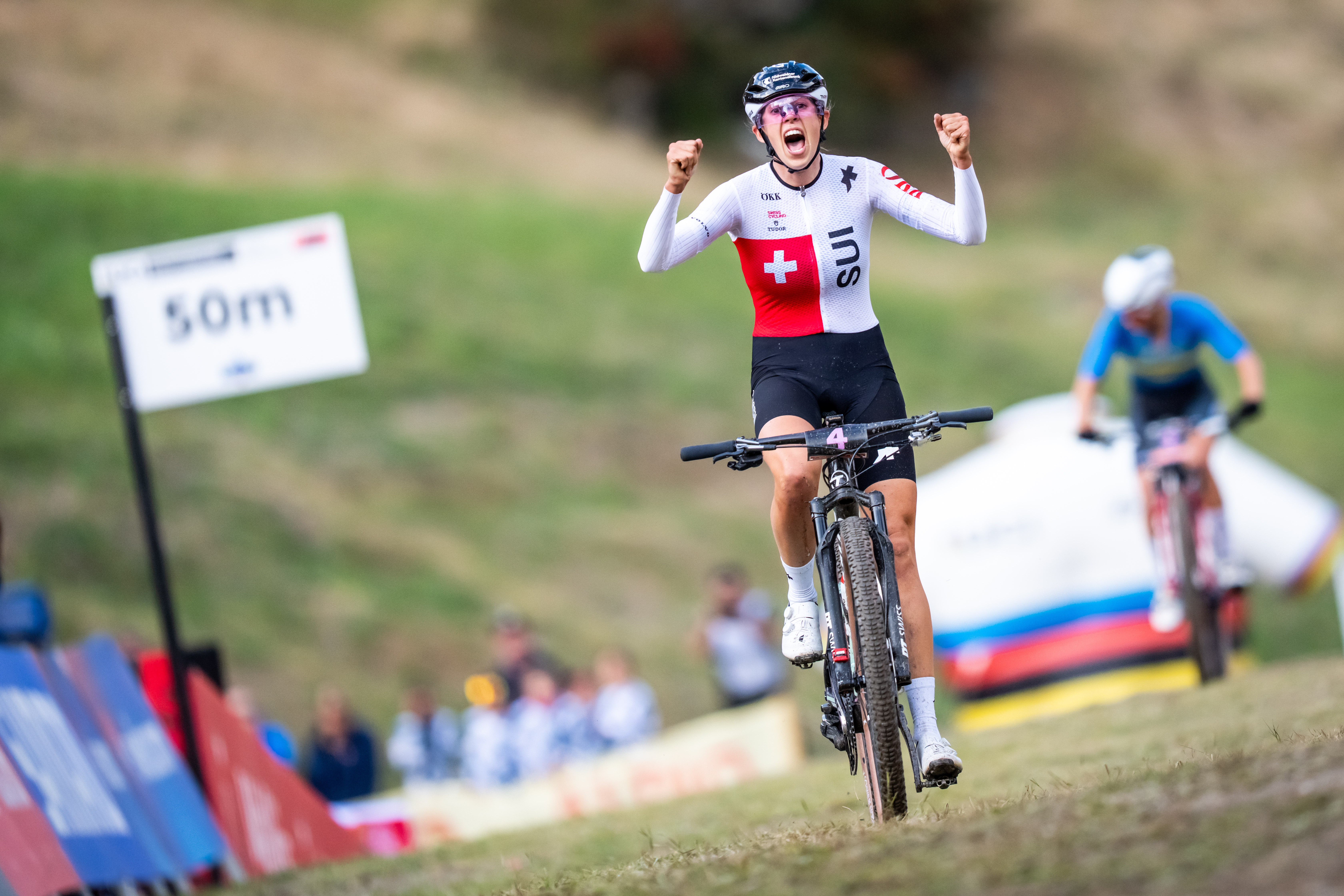 UCI Mountain Bike World Championships in Zermatt, Switzerland - 09 Sep 2025Winner Alessandra Keller of Switzerland crosses the finish line of the UCI MTB Women U23 Short Track, XCC, Mountain Bike World Championship, in Zermatt, Switzerland, 09 September 2025.By: MAXIME SCHMID/EPA/Shutterstock